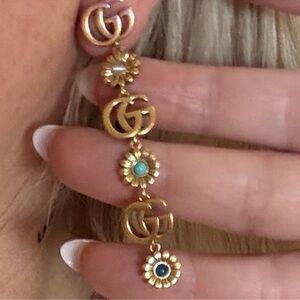 Gucci Gold Floral Drop Earrings with Blue and Turquoise Stones